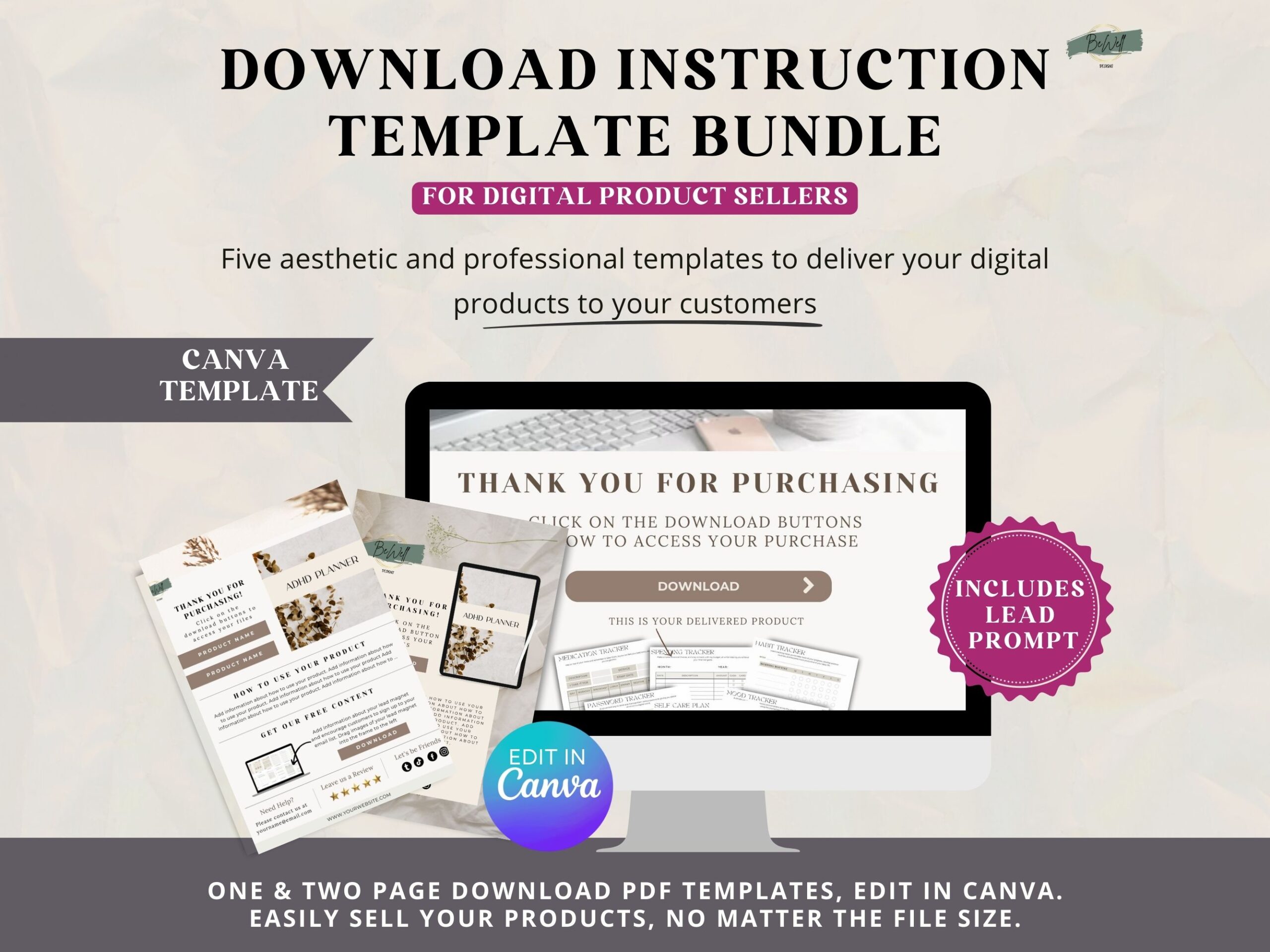 Canva Download Instructions Template, Etsy Digital Product Instructions, PDF Deliverable Template, Digital Download Instructions