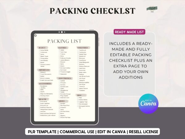 PLR, Resell, Commercial Use Travel Planner Template, Vacation planner, Travel Itinerary, Editable Canva Template, Packing List - Image 10