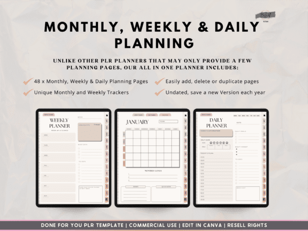 Private label rights to a fully editable, hyperlinked monthly and weekly planner.